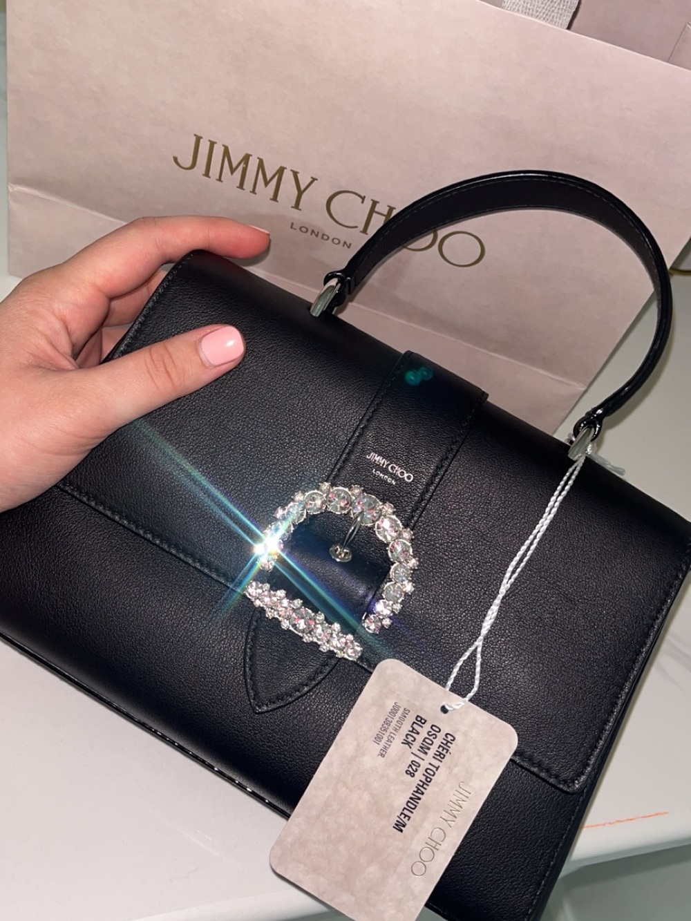 Jimmy Choo Black Leather Satchel with Crystal Buckle Accent